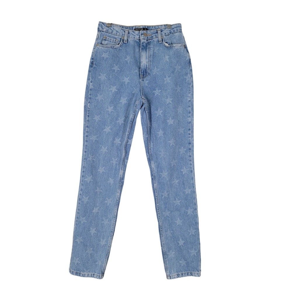 Nasty Gal Star Print Jeans Womens 4 Light Blue High Rise Straight Leg Denim